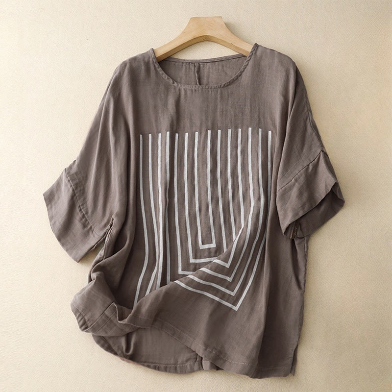 Casual Line Printing Pattern Short Sleeve Cotton Linen Women's T-Shirt