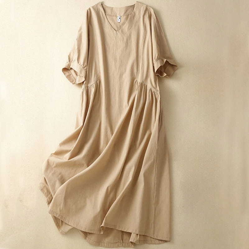 Tactile Cotton V-Neck Minimalist Grounding Midi Dress