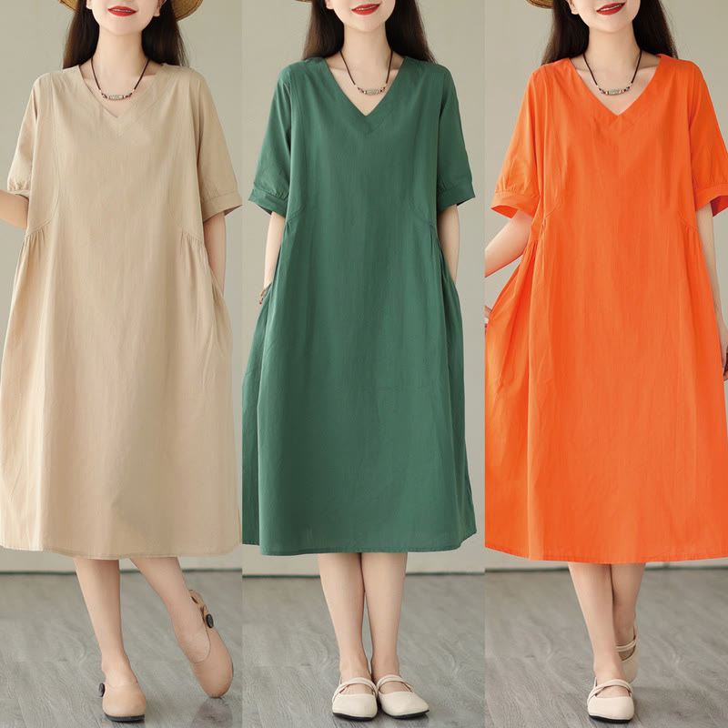 Tactile Cotton V-Neck Minimalist Grounding Midi Dress