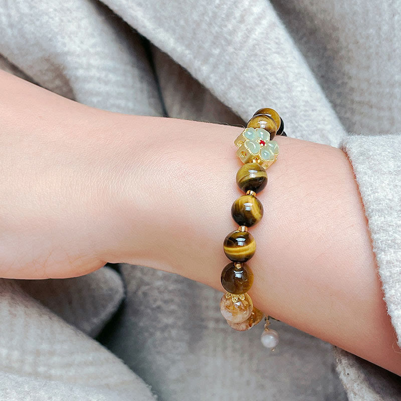 Natural Tiger Eye Citrine Beads Flower Bell Courage Bracelet