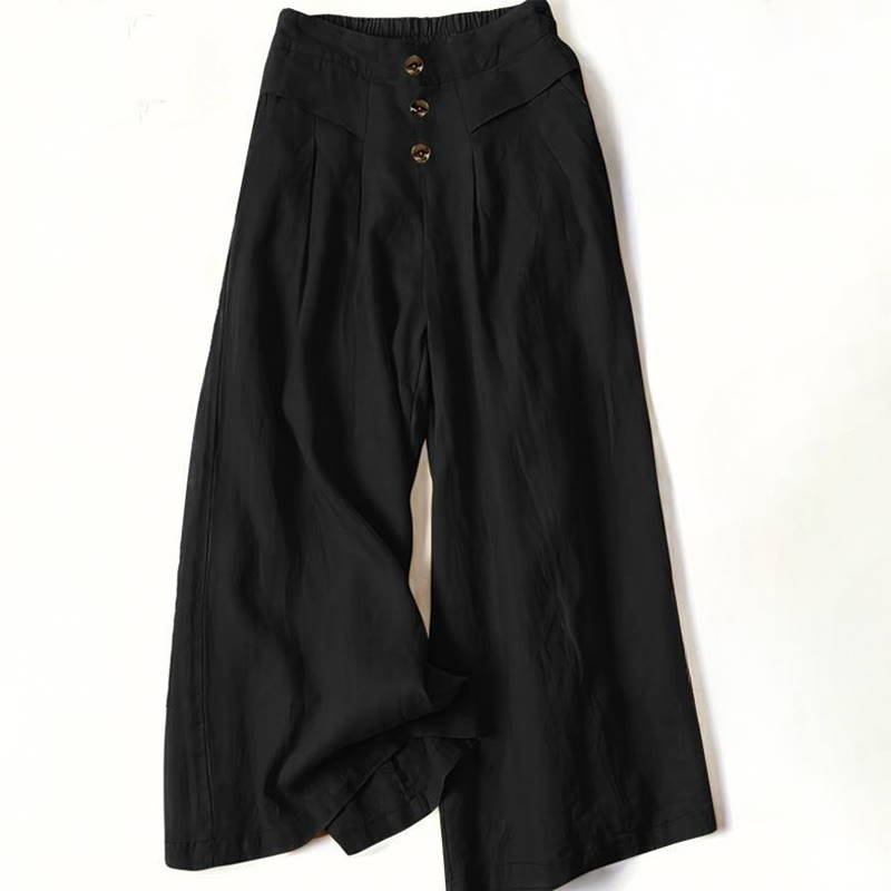 Retro Casual High Waist Cotton Women's Wide Leg Pants With Pockets