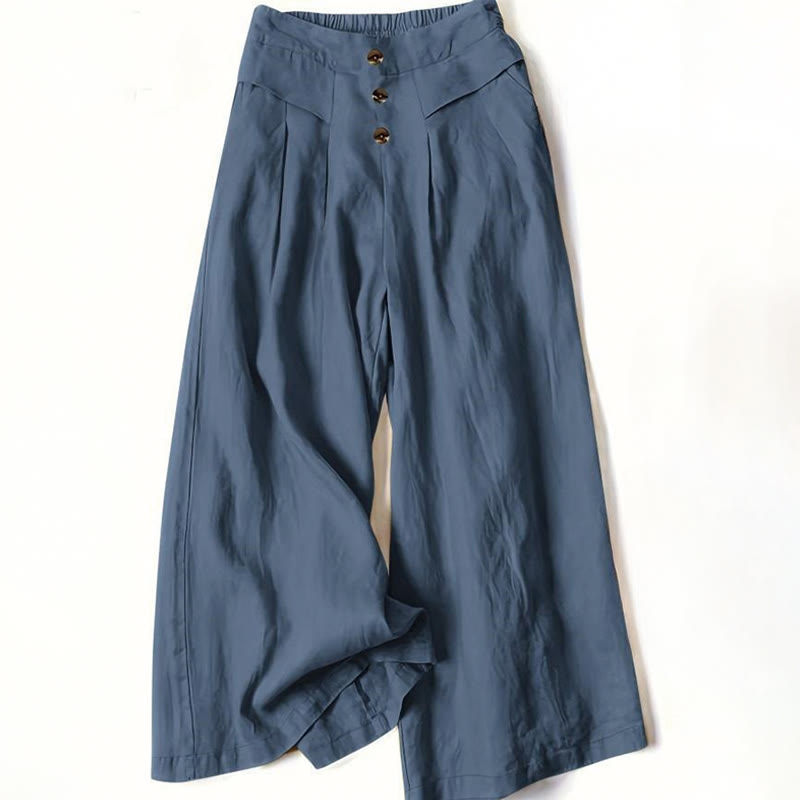 Retro Casual High Waist Cotton Women's Wide Leg Pants With Pockets