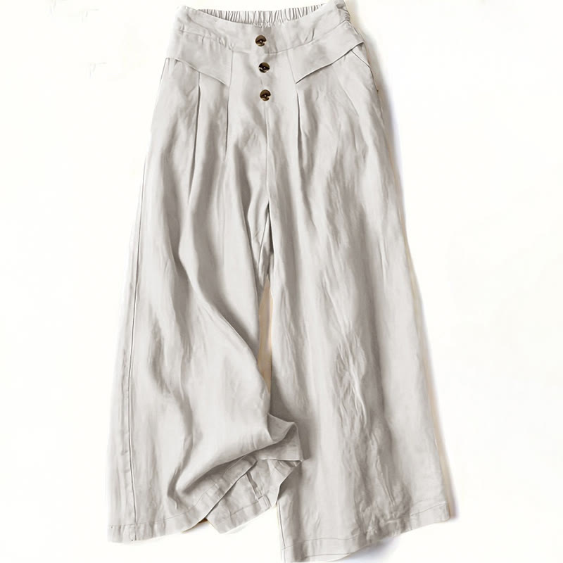 Retro Casual High Waist Cotton Women's Wide Leg Pants With Pockets