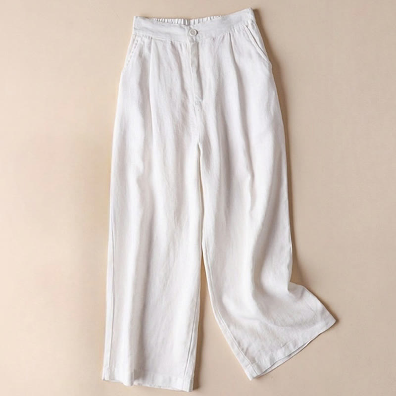 Commute Solid Color Drawstring 7-8 Length Cotton Linen Women's Wide Leg Pants With Pockets