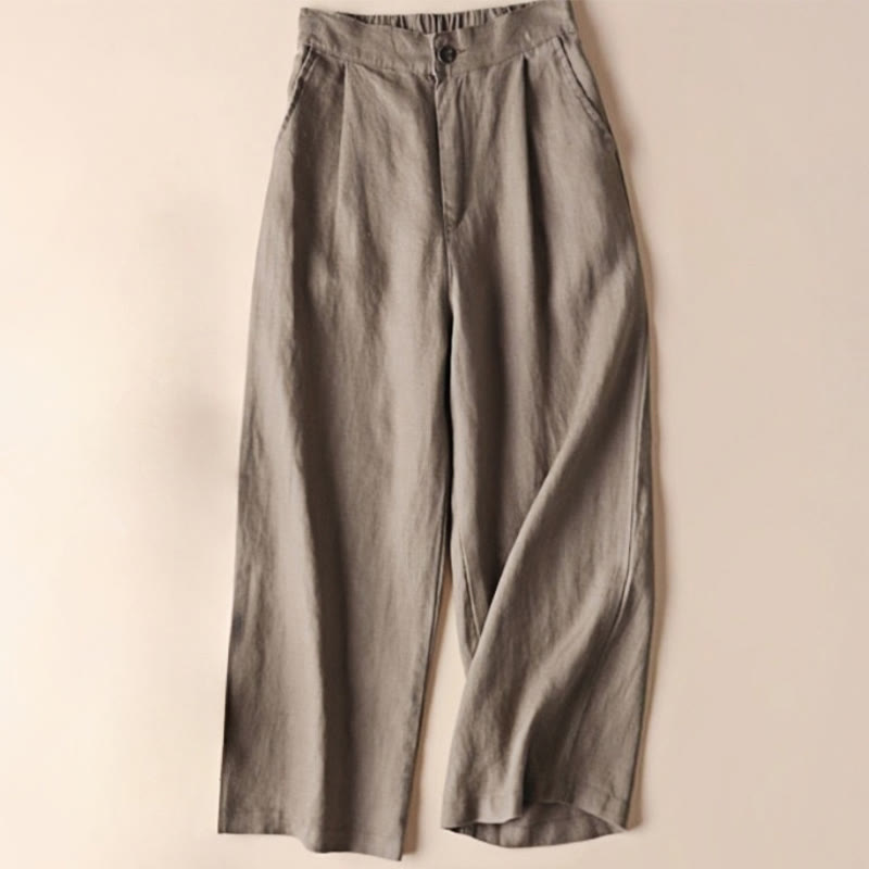 Commute Solid Color Drawstring 7-8 Length Cotton Linen Women's Wide Leg Pants With Pockets
