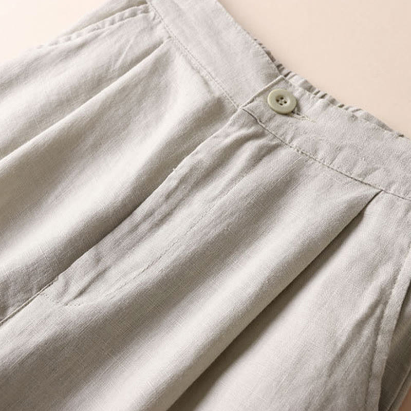 Commute Solid Color Drawstring 7-8 Length Cotton Linen Women's Wide Leg Pants With Pockets