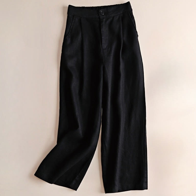 Commute Solid Color Drawstring 7-8 Length Cotton Linen Women's Wide Leg Pants With Pockets