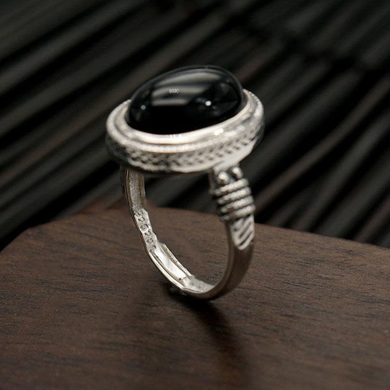 Natural Black Onyx Adjustable Protection Ring