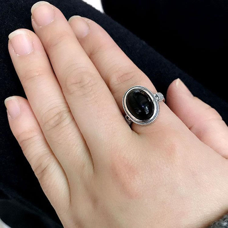 Natural Black Onyx Adjustable Protection Ring
