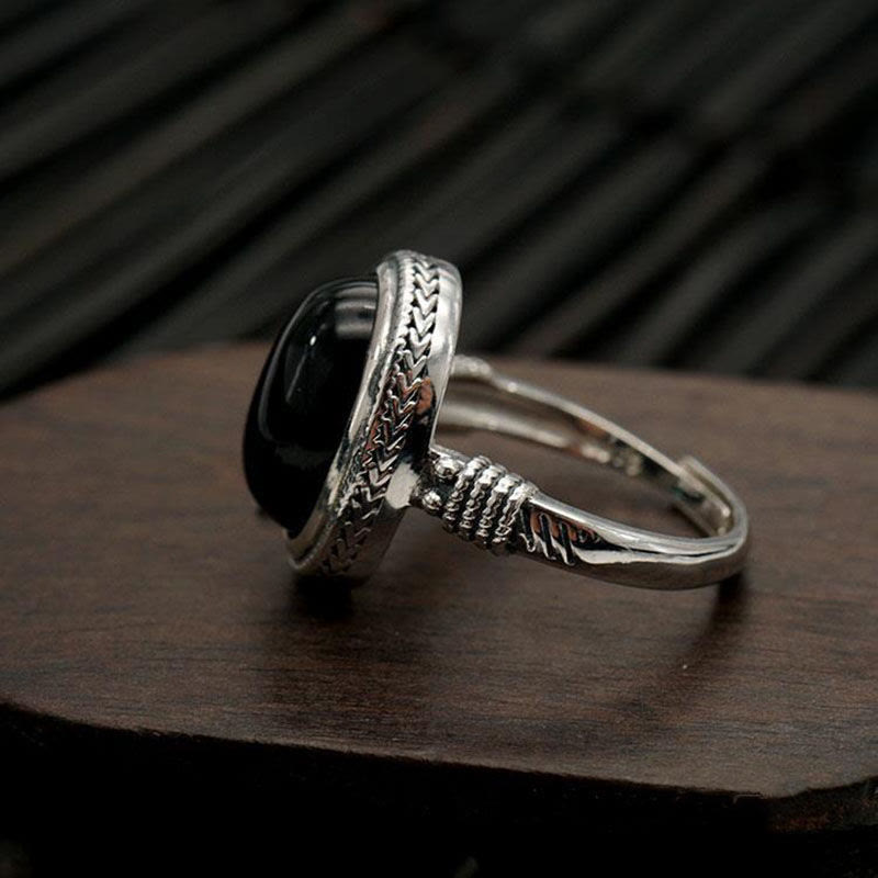 Natural Black Onyx Adjustable Protection Ring