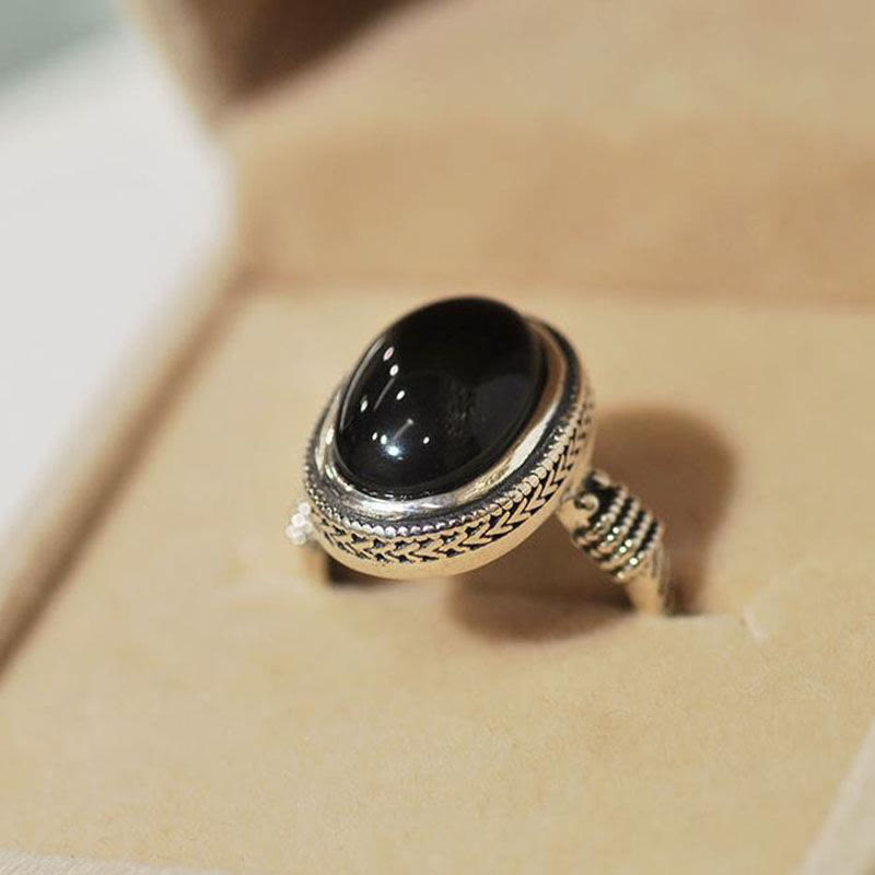 Natural Black Onyx Adjustable Protection Ring