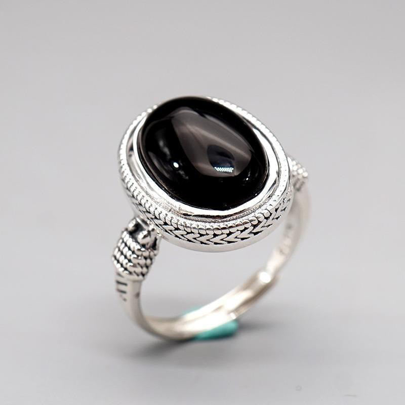 Natural Black Onyx Adjustable Protection Ring