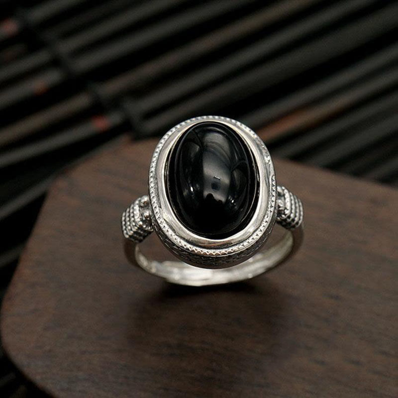 Natural Black Onyx Adjustable Protection Ring