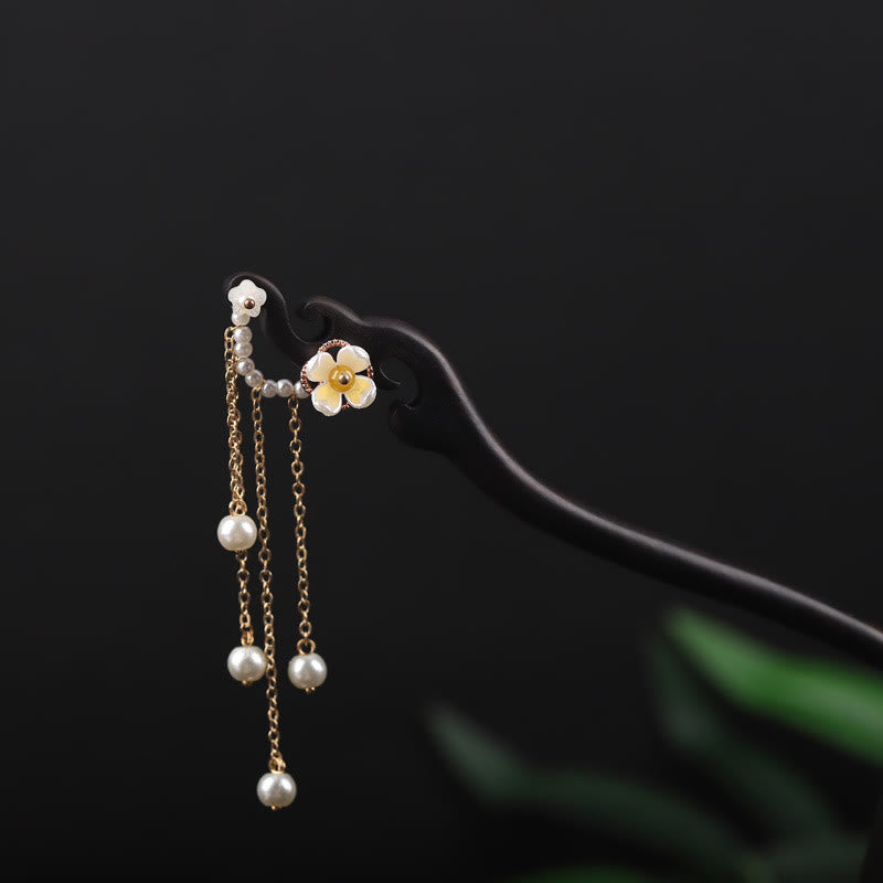 Ebony Shell Flower Pearl Tassel Blessing Hairpin