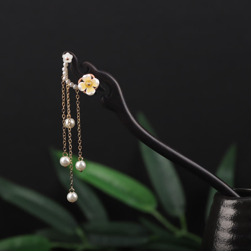 Ebony Shell Flower Pearl Tassel Blessing Hairpin