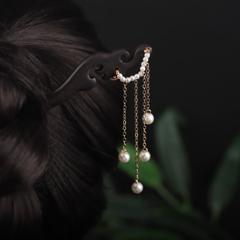 Ebony Shell Flower Pearl Tassel Blessing Hairpin