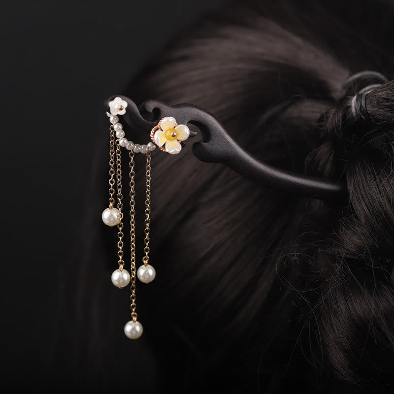 Ebony Shell Flower Pearl Tassel Blessing Hairpin
