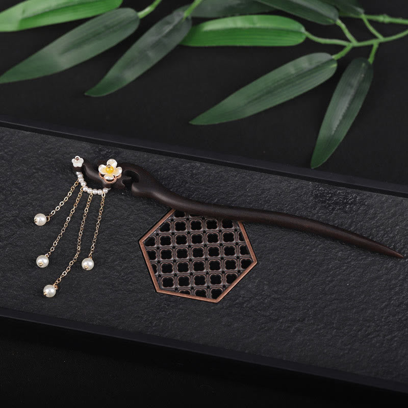 Ebony Shell Flower Pearl Tassel Blessing Hairpin