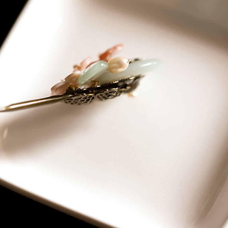 Copper Jade Shell Flower Leaves Luck Hairpin