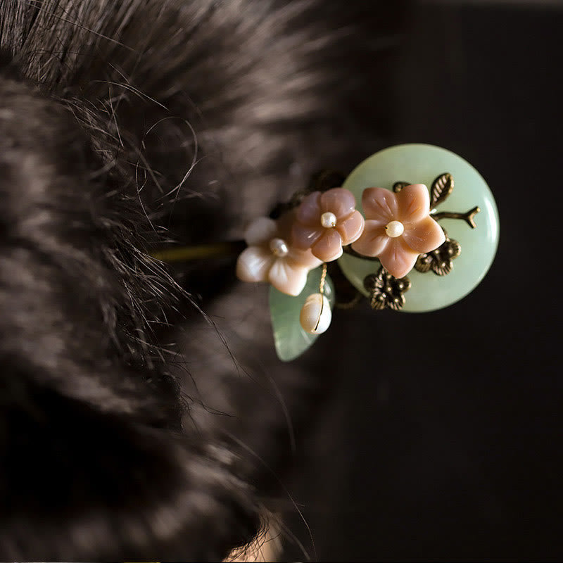 Copper Jade Shell Flower Leaves Luck Hairpin