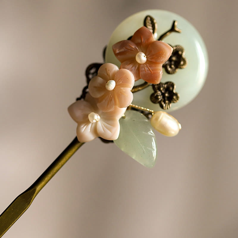 Copper Jade Shell Flower Leaves Luck Hairpin