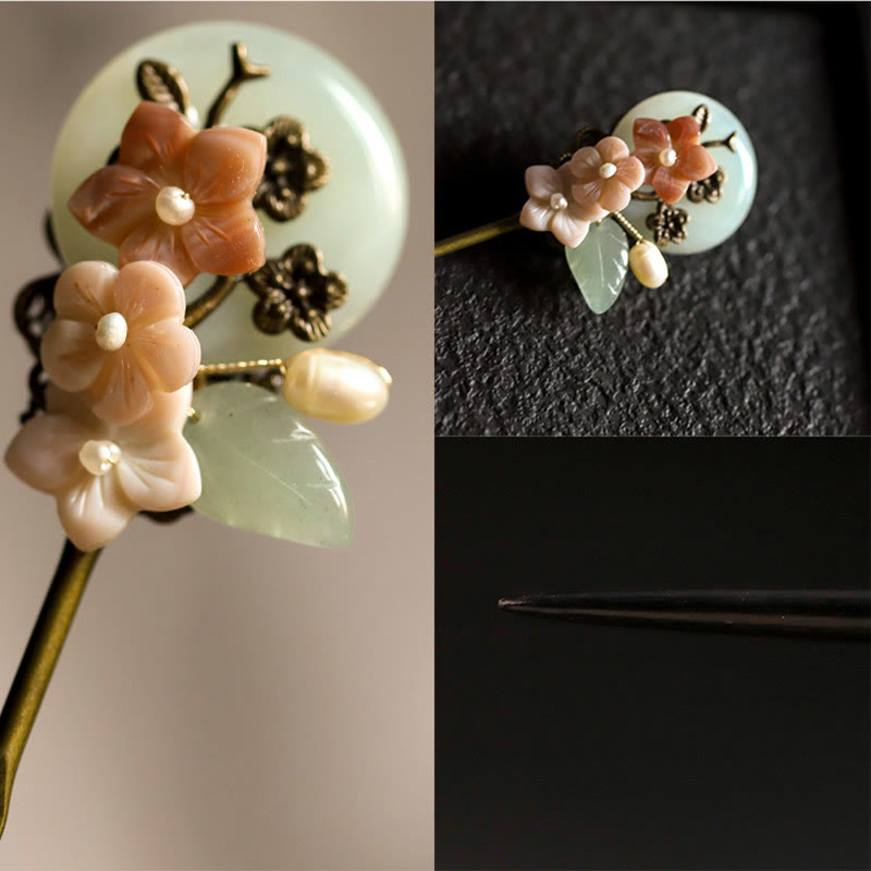 Copper Jade Shell Flower Leaves Luck Hairpin