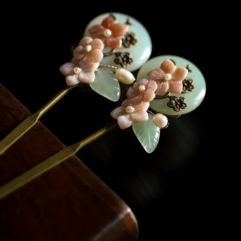 Copper Jade Shell Flower Leaves Luck Hairpin