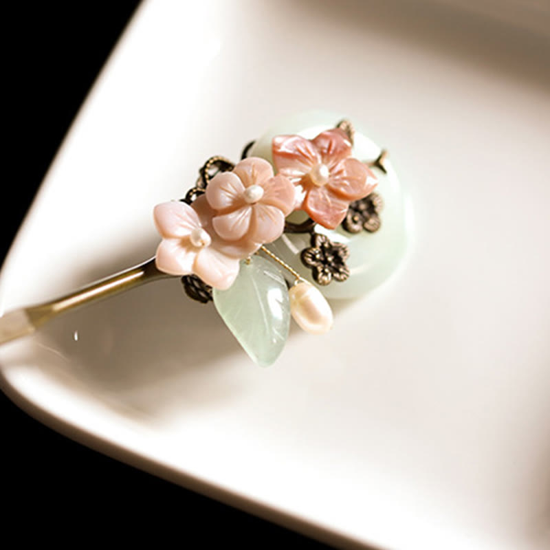 Copper Jade Shell Flower Leaves Luck Hairpin