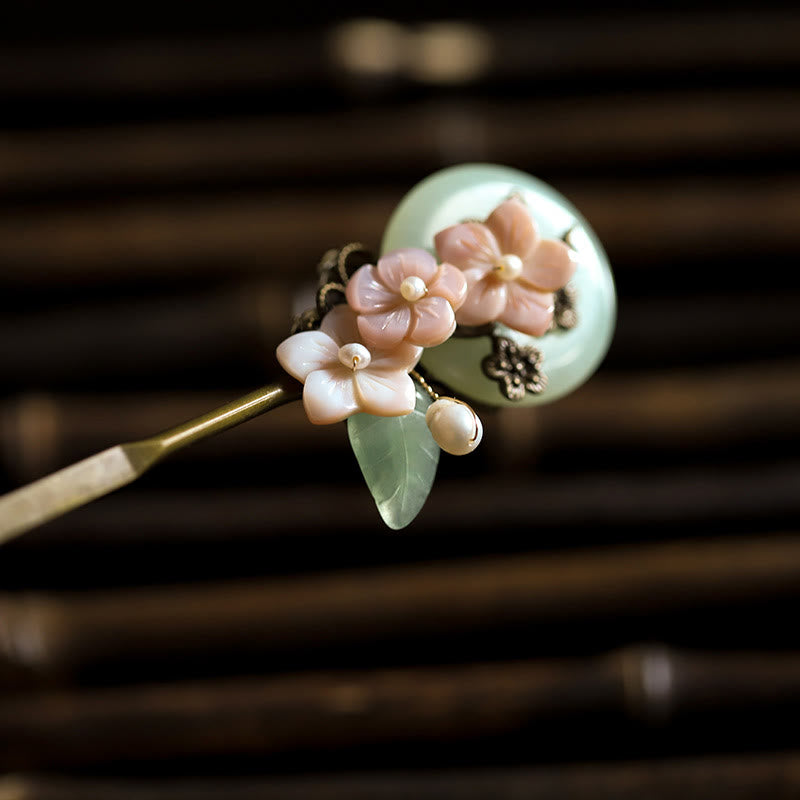 Copper Jade Shell Flower Leaves Luck Hairpin