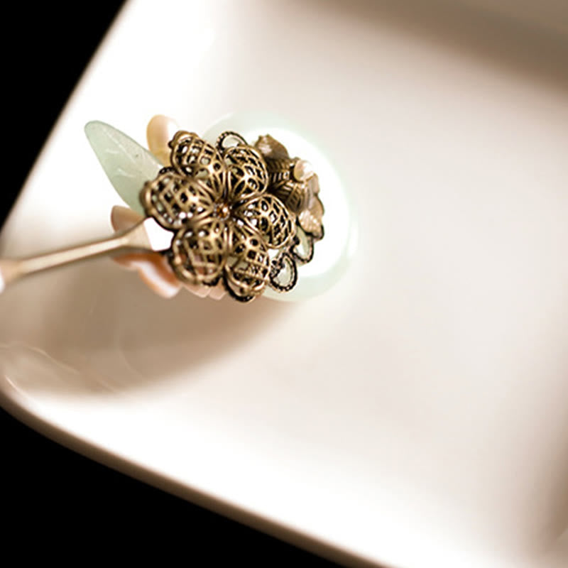 Copper Jade Shell Flower Leaves Luck Hairpin