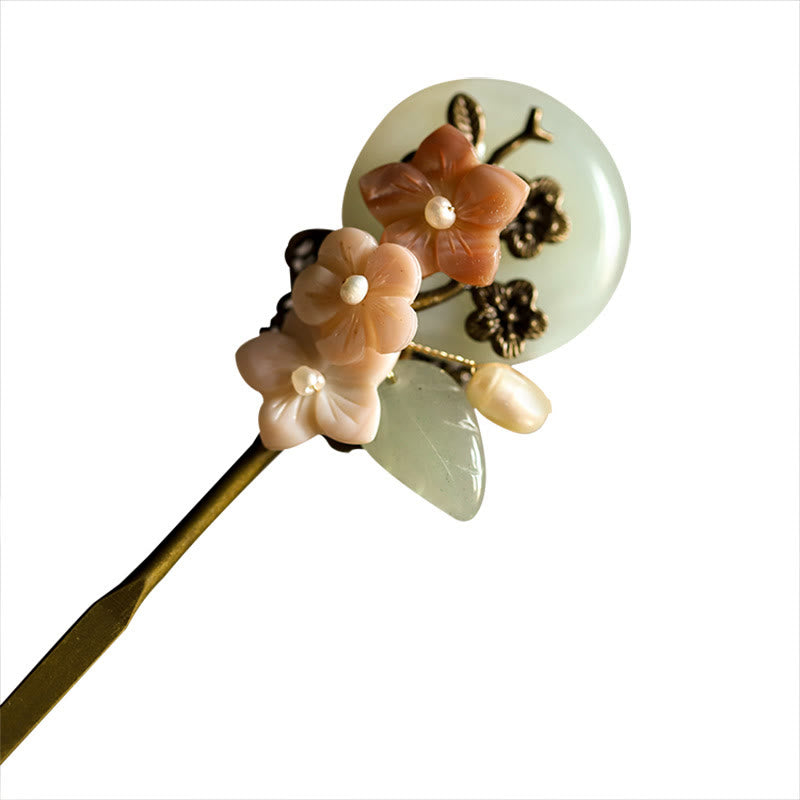 Copper Jade Shell Flower Leaves Luck Hairpin