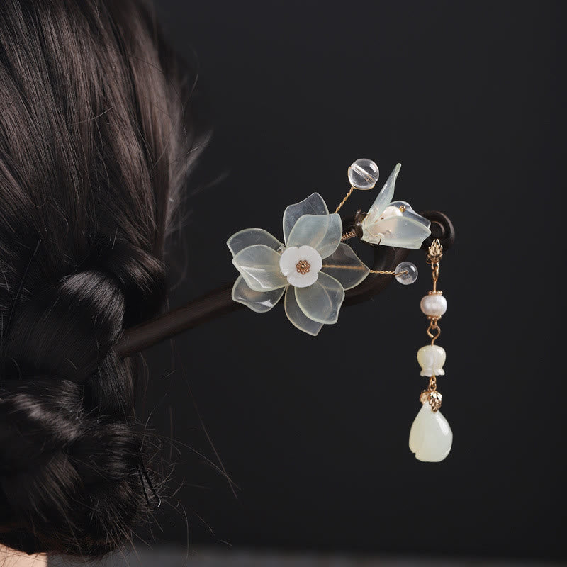 Ebony Jade Shell Magnolia Tassel Blessing Hairpin
