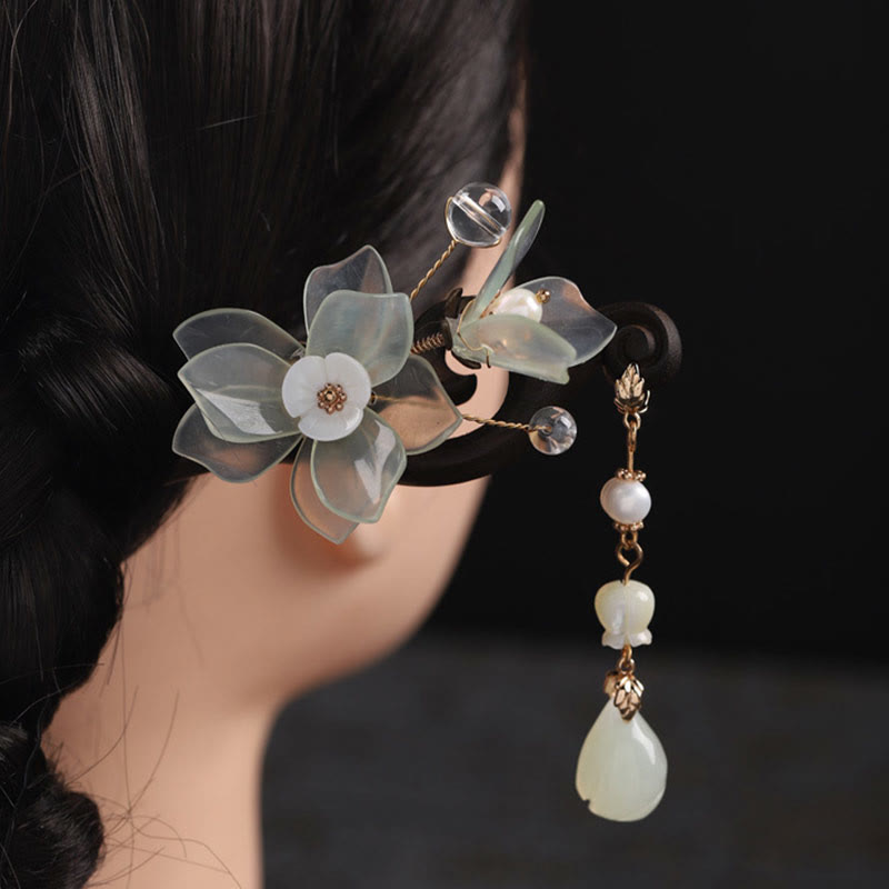 Ebony Jade Shell Magnolia Tassel Blessing Hairpin