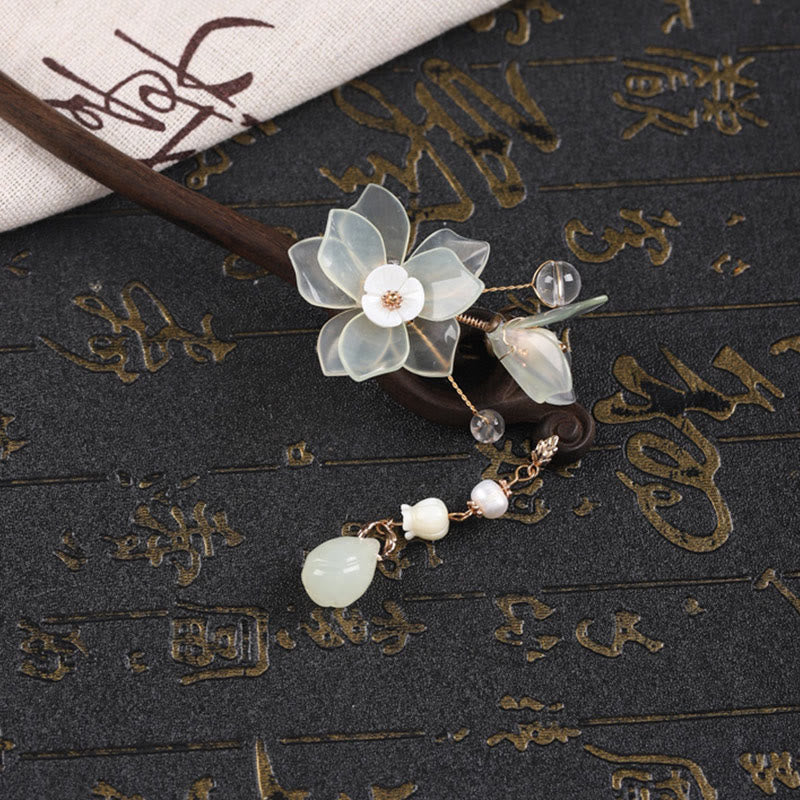 Ebony Jade Shell Magnolia Tassel Blessing Hairpin