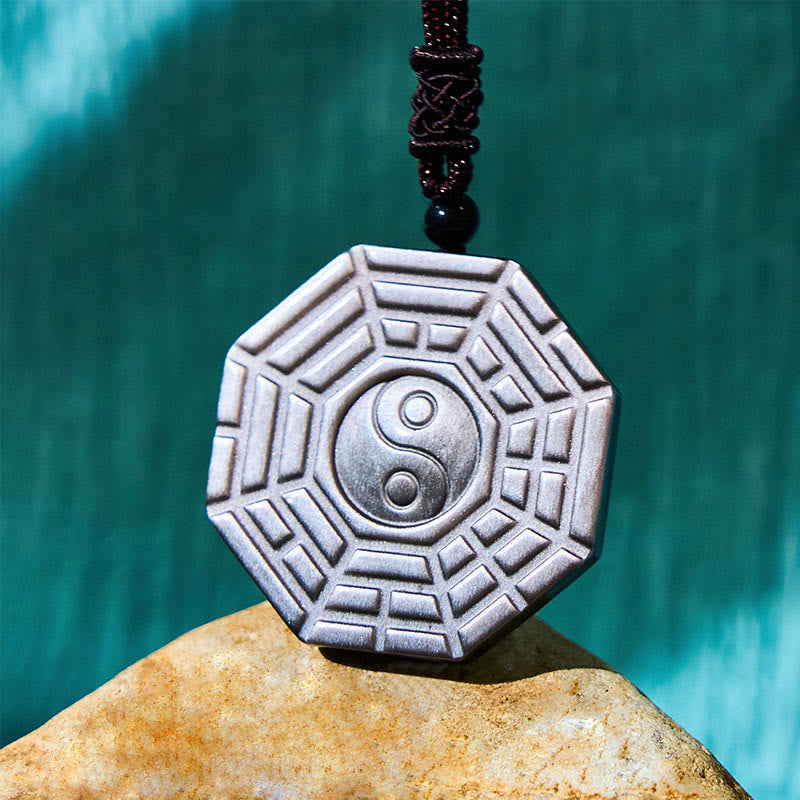 Silver Sheen Obsidian Bagua Yin Yang Symbol Protection Necklace Pendant