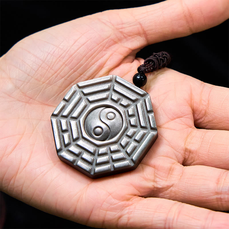 Silver Sheen Obsidian Bagua Yin Yang Symbol Protection Necklace Pendant