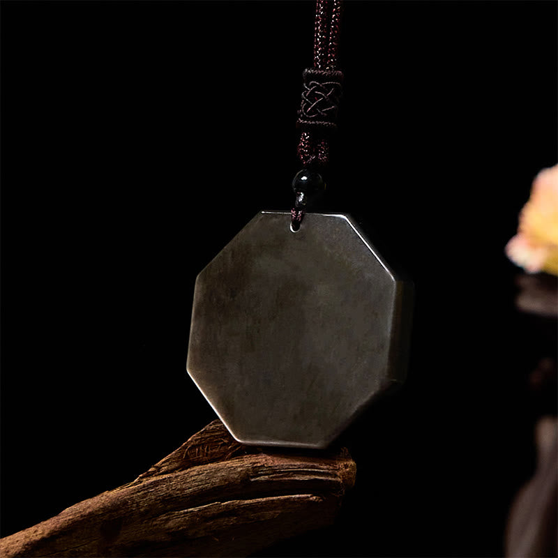 Silver Sheen Obsidian Bagua Yin Yang Symbol Protection Necklace Pendant