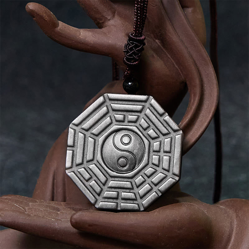 Silver Sheen Obsidian Bagua Yin Yang Symbol Protection Necklace Pendant