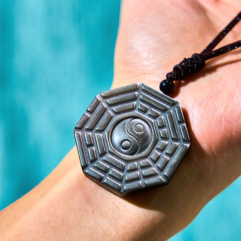 Silver Sheen Obsidian Bagua Yin Yang Symbol Protection Necklace Pendant