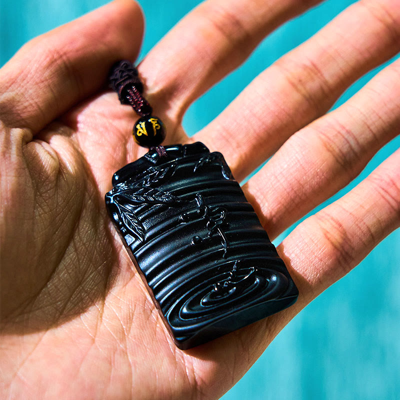 Natural Black Obsidian Bamboo Fulfillment Necklace Pendant