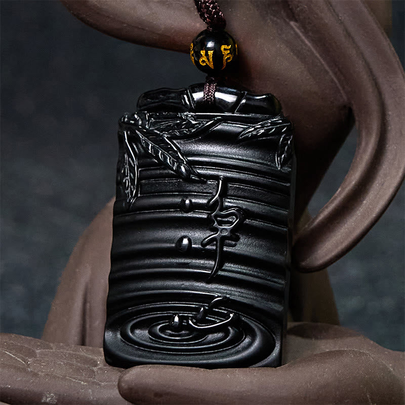 Natural Black Obsidian Bamboo Fulfillment Necklace Pendant