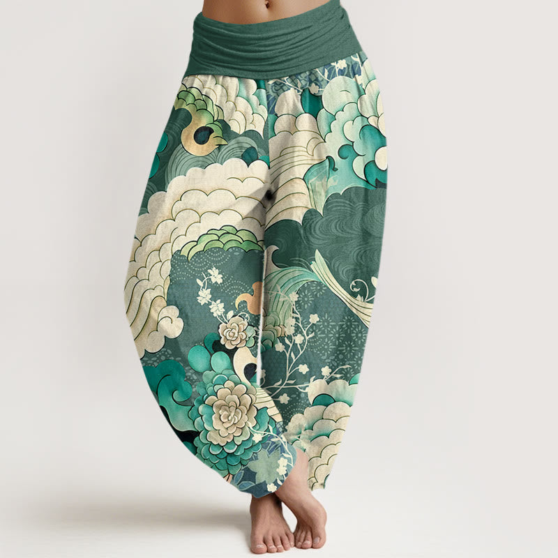 Cotton Flower Wave Pattern Women's Elastic Waist Harem Pants
