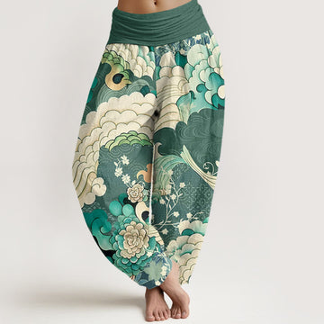 Cotton Flower Wave Pattern Women's Elastic Waist Harem Pants