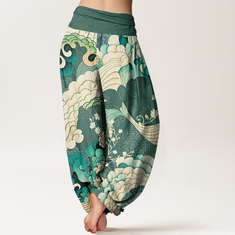 Cotton Flower Wave Pattern Women's Elastic Waist Harem Pants