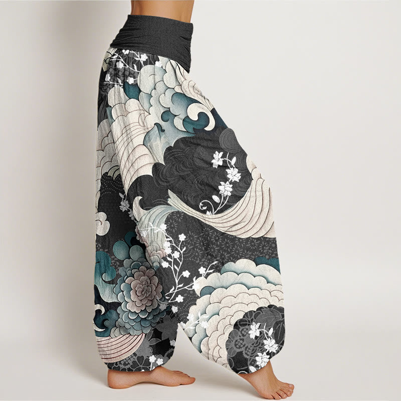 Cotton Flower Wave Pattern Women's Elastic Waist Harem Pants