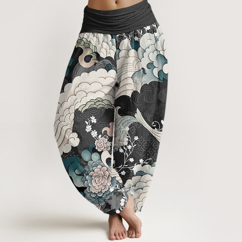 Cotton Flower Wave Pattern Women's Elastic Waist Harem Pants