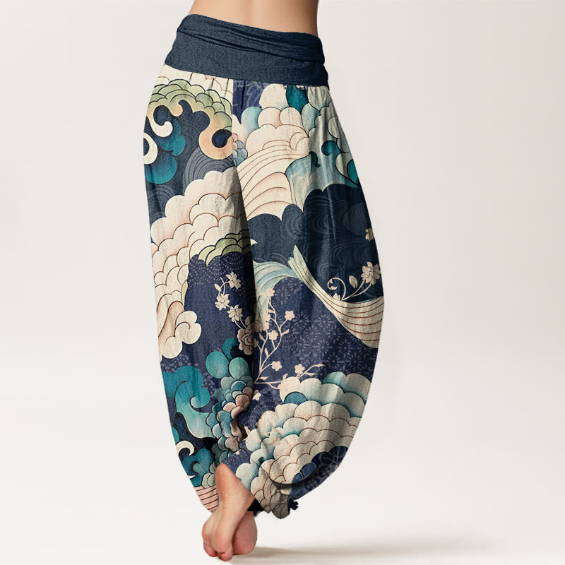 Cotton Flower Wave Pattern Women's Elastic Waist Harem Pants