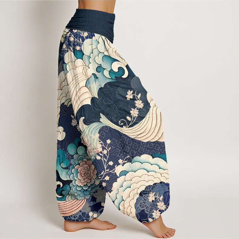 Cotton Flower Wave Pattern Women's Elastic Waist Harem Pants