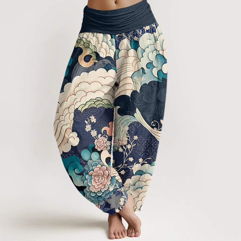 Cotton Flower Wave Pattern Women's Elastic Waist Harem Pants