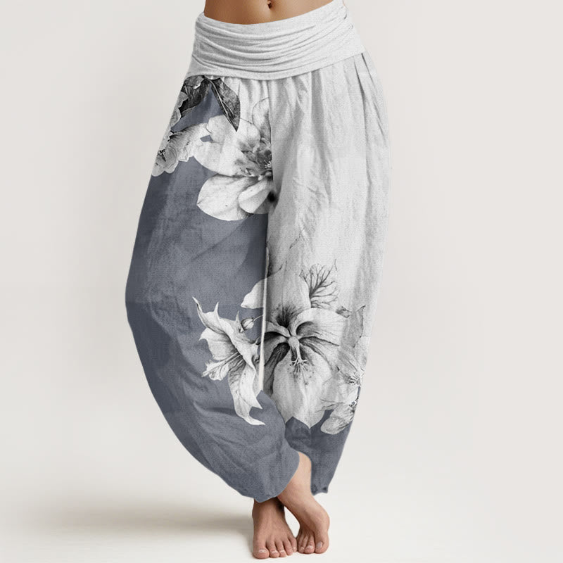 Cotton Camellia Pattern Women's Elastic Waist Harem Pants